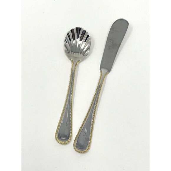 Oneida GOLDEN BELMONT Stainless Rope Edge Gold Butter Spreader Sugar Shell Spoon - Picture 1 of 7